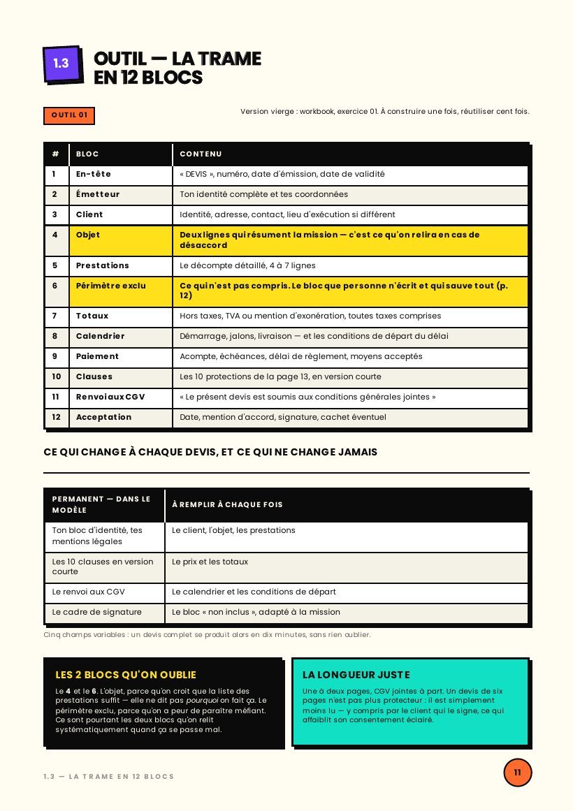 Page 11 : Outil : la trame de devis en 12 blocs