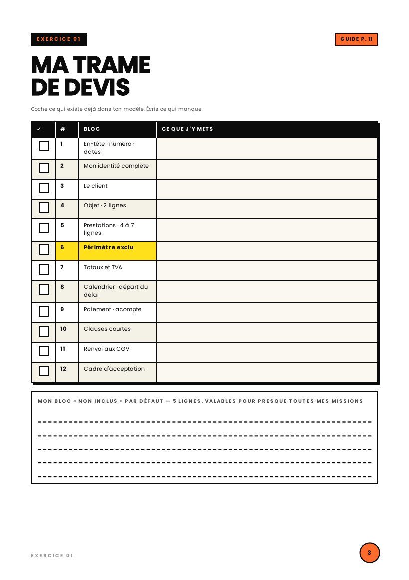 Workbook : ma trame de devis