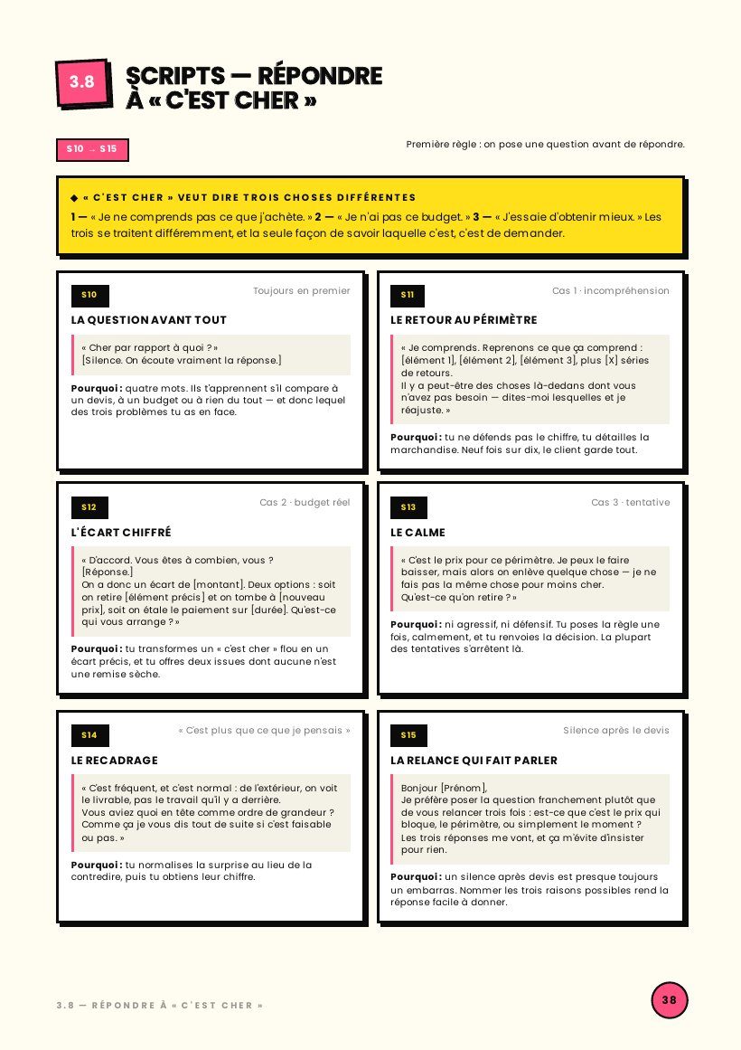Page 38 : Scripts : répondre à « c'est cher »