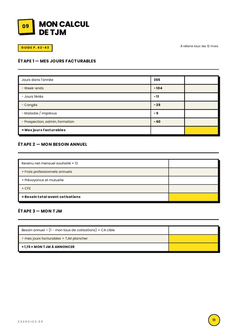 La grille de calcul du TJM à remplir
